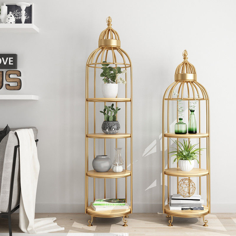 Bird Cage Shape Gold Three Storey Metal Flower Stand