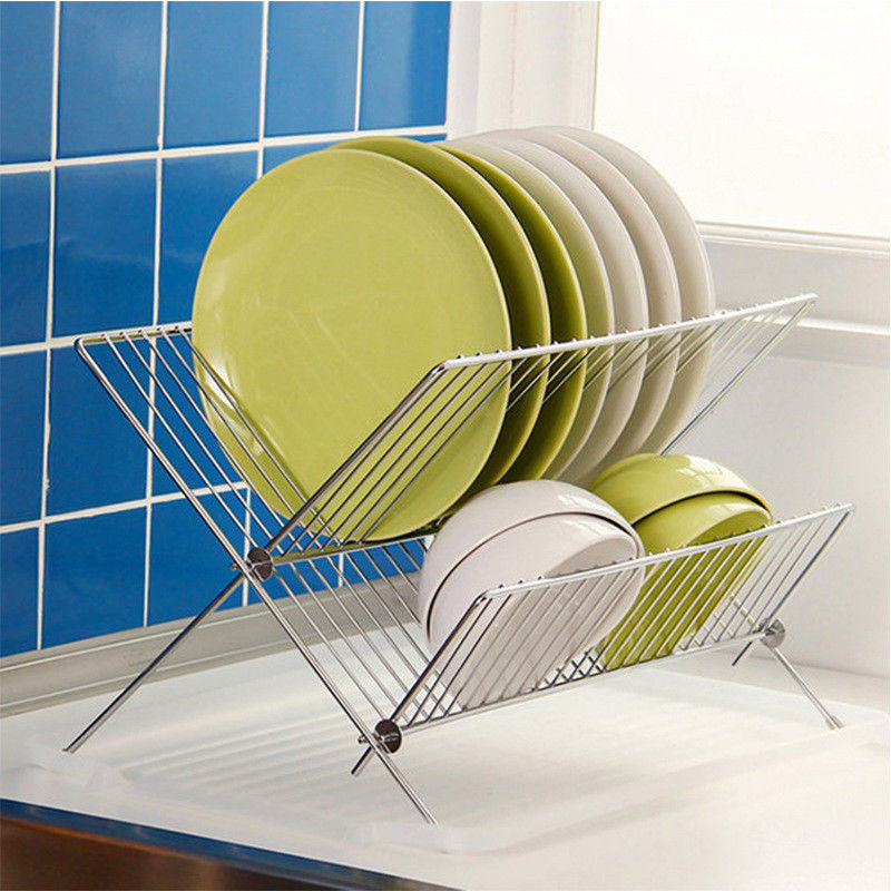 Folding X Shape Kitchen Dish Rack , 20.5cm Height Stainless Dish Rack